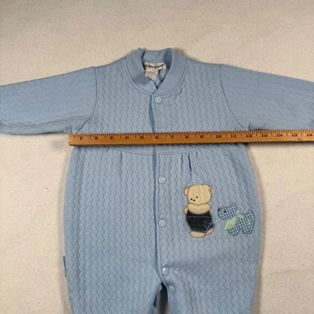 Smart Baby Blue Quilted Knit Romper Teddy Bear Puppy Applique Snap Front 6-9m